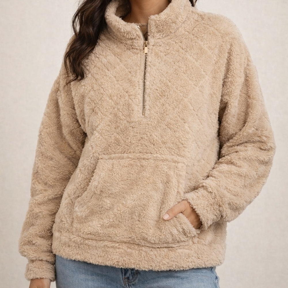Cozy Tan Sherpa Pullover Jacket